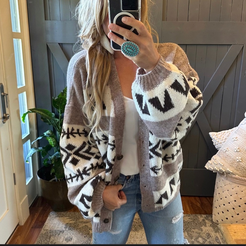 New Aztec Print Native Knit Wool Cardigan Sweater Button Front V-Neck Cozy